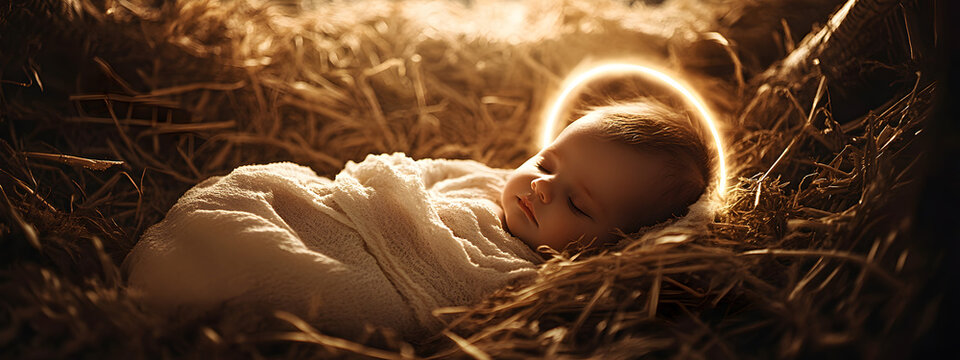The newborn baby Jesus with a halo over his head sleeping in a wooden manger surrounded by straw symbolizes peace and hope. The concept of Jesus' birth, religion.
