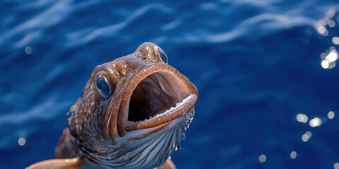 Close-up of a Brown Fish with Open Mouth in Ocean Water
