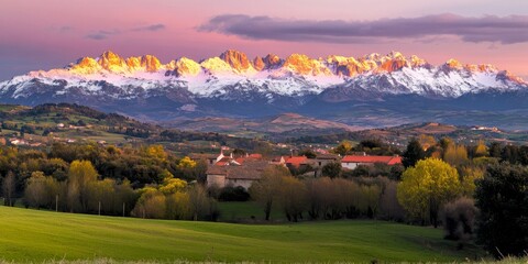 Obraz premium Breathtaking mountain landscape at sunset. Snow-capped peaks shine in warm light. Lush green fields and trees add beauty. A peaceful view perfect for travel or nature lovers. AI