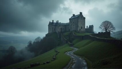 Naklejka premium A medieval stone castle sits atop a grassy hill under a moody cloudy sky, surrounded by rolling landscapes and an old stone wall leading to its entrance. Generative, AI,