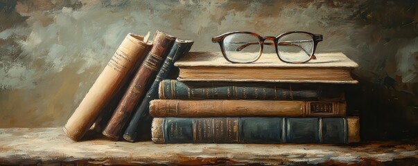 Vintage books and glasses still life - rustic charm and academic aesthetics