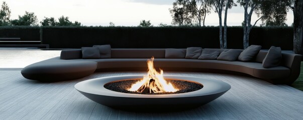 Fototapeta premium Modern outdoor lounge with cozy fire pit at sunset