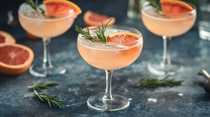 A tantalizing image featuring three cocktails garnished with rosemary and grapefruit slices, arranged on a textured surface, depicting a refreshing summertime drink.
