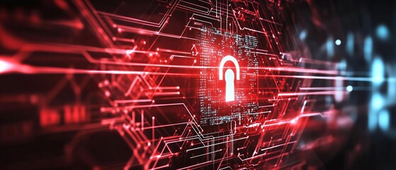 Dynamic Cybersecurity Grid: High-Tech Red and Black Digital Design with Polygons and Luminous Lines in 21:9 Aspect Ratio