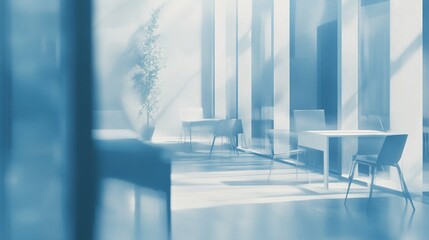 Modern Minimalist Office Interior with Soft Blurred Effects and Cool Blue Tones for a Calm and Professional Atmosphere