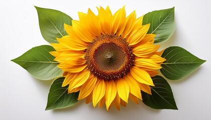 Naklejka premium realistic sunflower with vibrant yellow petals and green leaves on white background symbolizing warmth and positivity perfect for brightening any space