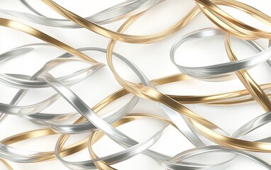 Minimalist 3D Rendering of Metallic Intertwining Wires in Gold, Silver, and Copper with Reflective Surfaces on White Background