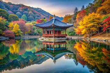 Obraz premium Serene Naejangsan Pond & Wuhwajeong Pavilion: Minimalist Autumn Landscape, South Korea