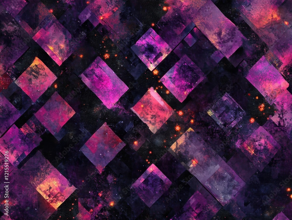 Poster an abstract pattern of dark purple and pink squares with a black background, accented by sparkles an