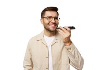 Man smiling while using a voice assistant device at home during the day