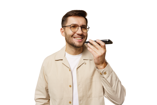 Man smiling while using a voice assistant device at home during the day