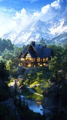 Fototapeta premium Serene dusk lighting illuminates an enchanting mountain lodge nature paradise gigapixel artwork dreamlike environment