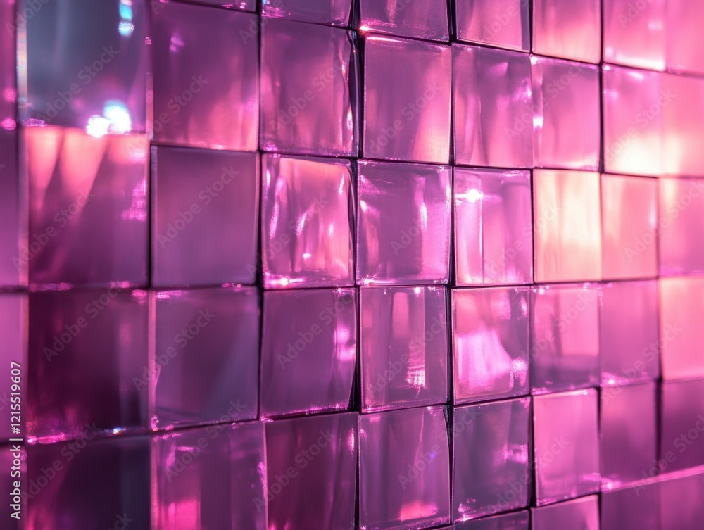 Poster an abstract pattern of squares in a dark purple and pink color scheme, with shiny reflections and li