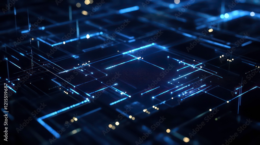 Poster a technological blueprint background with illuminated geometric scales balancing the data.