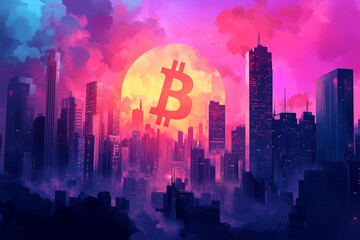 Fototapeta premium Bitcoin Moon Vibrant City Watercolor