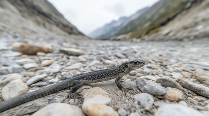 Obraz premium Lizard on rocky mountain pathway close-up of reptile in natural habitat with mountains blurred in background, capturing wildlife and nature's rugged beauty