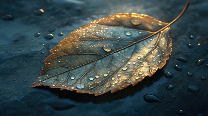 Dew-kissed autumn leaf on dark stone, sunrise