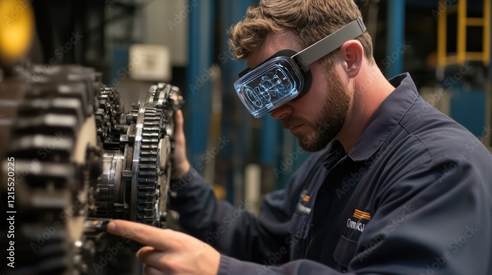 Poster engineer wearing a vr headset is analyzing a complex gear system, visualizing its components in augm