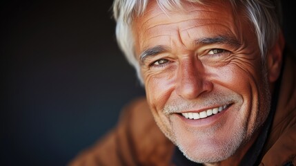 Obraz premium In a soft, elegant portrait, a 70-year-old European man displays a glowing smile and deep wrinkles that reflect a life filled with experiences, radiating warmth and charm
