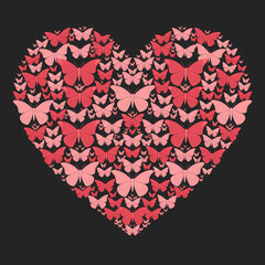 Heart shape made of pink and red butterflies	love concept illustration image
