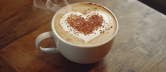 A close-up view of a latte with intricate heart-shaped art on top, served in a white cup on a polished wooden table in a coffee shop. Steam gently rises, and a sprinkle of cocoa adds warmth.