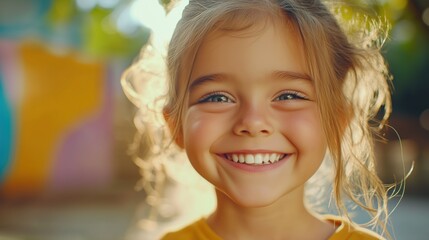 Fototapeta premium A cheerful 6-year-old girl beams with joy, showcasing her bright smile and perfectly aligned teeth. Soft natural light highlights her playful expression against a colorful blurred backdrop