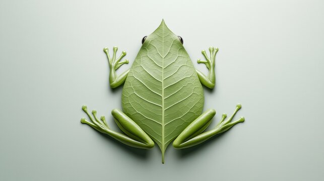 Leaf-frog hybrid design on soft green background conceptual nature, creativity, minimalism, symmetry, eco-friendly, environmental art, unique botanical artistry