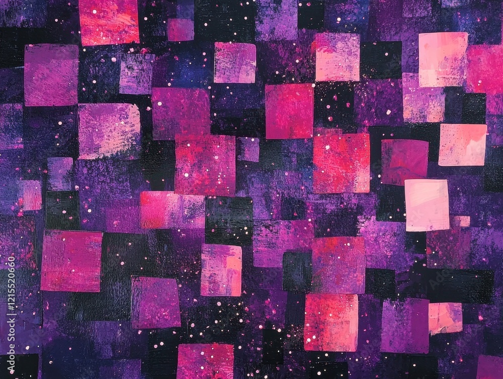 Poster an abstract pattern of dark purple and pink squares with a black background, accented by sparkles an
