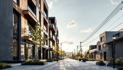 Fototapeta premium Sleek, multi-story buildings with gray exteriors and wooden paneling in a serene urban setting.