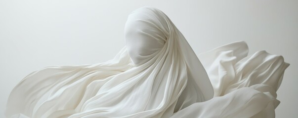 Ethereal white fabric-draped human figure in motion against a minimalist background