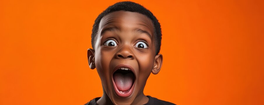 Astonished african child expressing surprise against vibrant orange background