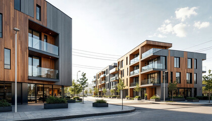 Sleek, multi-story buildings with gray exteriors and wooden paneling in a serene urban setting.