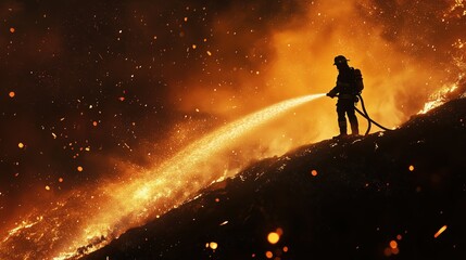 Fototapeta premium Standing resolutely on a ridge at night, a firefighter combats a raging blaze below, water streaming from the hose as sparks illuminate the dark surroundings, showcasing bravery and commitment