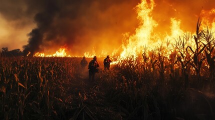 Firefighters and farmers work tirelessly to combat a raging fire consuming a cornfield on an American farm. The scene is illuminated by intense flames, showcasing their bravery and determination