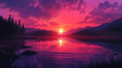 Obraz premium A vibrant sunset reflected on a gently flowing river.