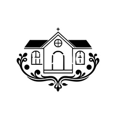Simple Church Building Illustration: Elegant Black and White Design. Perfect for religious websites, invitations, and more.
