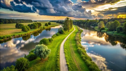 Serene Summer River Walk: Aerial View of Minimalist Path & Cloudy Sky Reflections