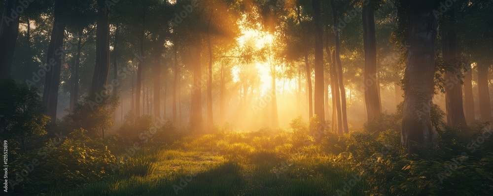 Poster sunlight filtering through dense forest canopy at dawn