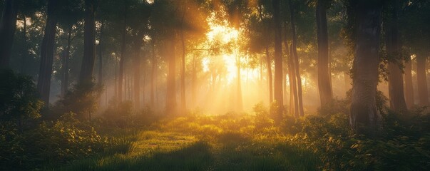 Obraz premium Sunlight filtering through dense forest canopy at dawn