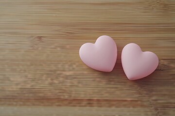Two Pink Hearts Decor on Wooden Background - Copy Space