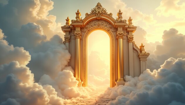 Grand golden heavenly gate opens into bright sky. Ornate golden archway leads to paradise. White clouds surround entrance. Religious concept of eternity, afterlife. Beautiful illustration of hope,