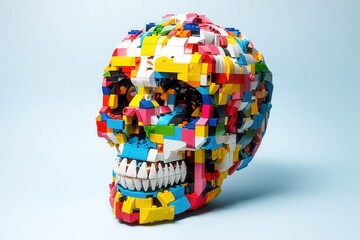 Naklejka premium Colorful skull made of plastic bricks symbolizing mortality and playfulness