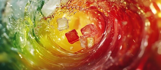 A colorful scene of mixed juices in shades of red, yellow, and green, swirling into a vortex with ice cubes spinning within, as light rain adds to the refreshing feel, highlighted by natural light.