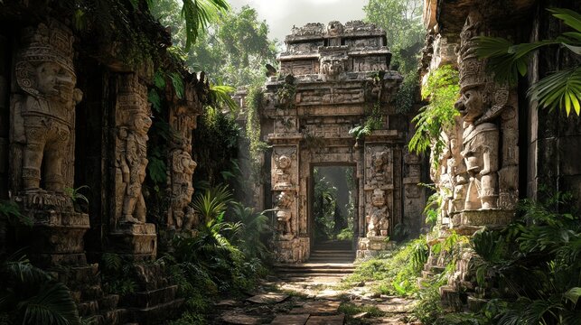 A lost ancient temple built by the Maya, Inca, or Aztec people, nestled in the jungle, adorned with a deity sculpted in the stone, where the deity's mouth acts as the gateway into a mysterious cave.