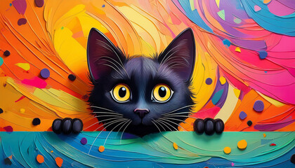 cute cartoon black cat peeking around colorful textured background