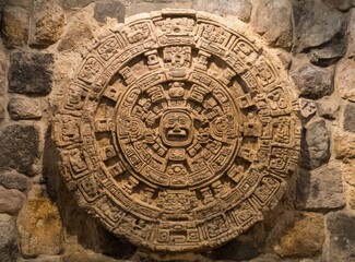 Naklejka premium In Mexico City's National Anthropology Museum, the Aztec Sun Stone—also referred to as the Calendar Stone—embodies the symbolic meanings of Aztec cosmology and religion.