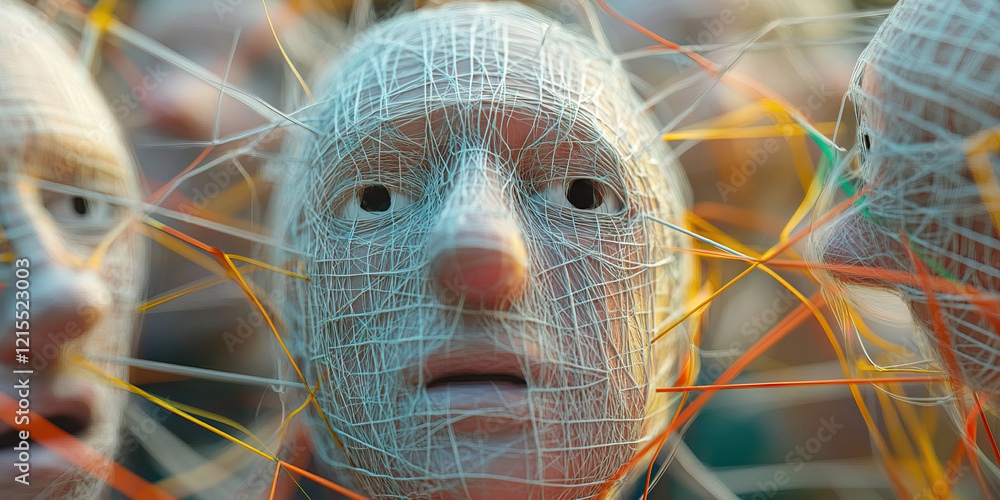 Poster human face covered in mesh with intersecting threads