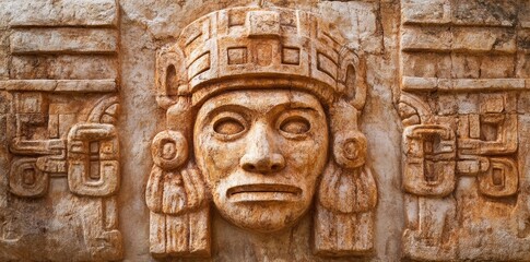 Obraz premium A mysterious alien face is carved into the wall of an ancient Aztec temple.