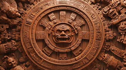 Obraz premium A rustic wood backdrop with a Mesoamerican, Mayan, or Aztec design, featuring ornate tribal carvings and a blank space for copy, along with motifs of Quetzalcoatl, Kukulkan, and Tohil.
