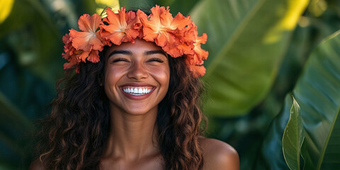 A cheerful Hawaiian woman wearing a vibrant floral crown, beaming with a radiant smile against a backdrop of lush greenery, capturing the essence of tropical culture and beauty.